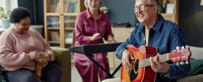 what is a retirement community? It is where late baby boomers stay and feel they belong, playing guitar and tambourine together in a bright common room, smiling and engaged.